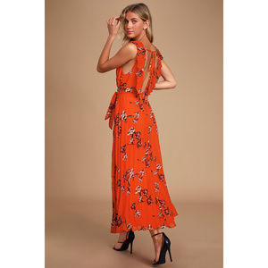 Lulus Loved By You Red Orange Floral Print Pleated Chiffon Maxi Dress - Size XL
